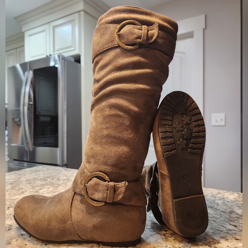 Taupe suede knee-high boots